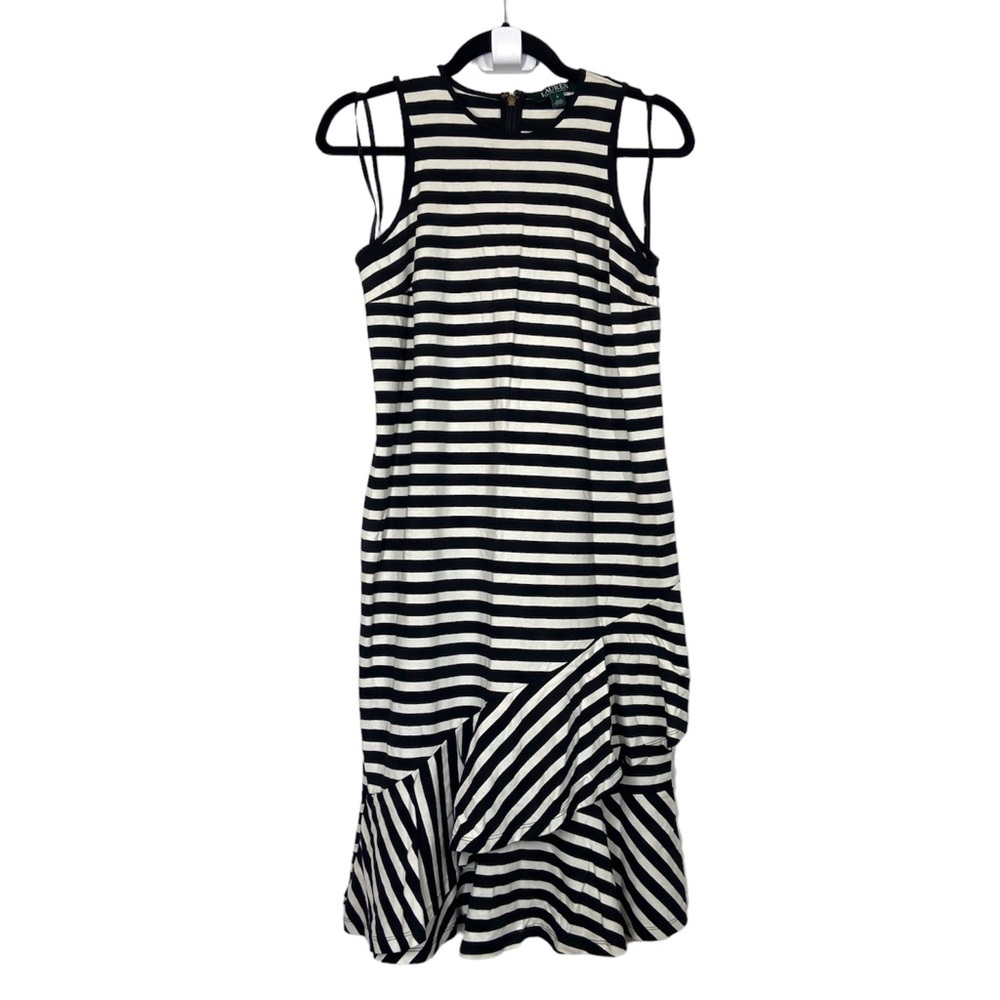 Ralph Lauren LRL Dress Sleeveless Tank T-shirt Striped Asymmetrical Ruffle